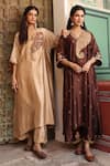 Label Niti Bothra_Brown Pure Silk Embroidered Applique Paisley V Cutwork Kaftan And Pant Set _at_Aza_Fashions