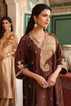 Buy_Label Niti Bothra_Brown Pure Silk Embroidered Applique Paisley V Cutwork Kaftan And Pant Set 