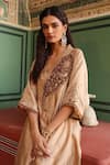 Shop_Label Niti Bothra_Ivory Pure Silk Embroidered Applique Paisley V Cutwork Kaftan And Pant Set _Online_at_Aza_Fashions