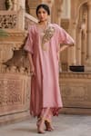 Buy_Label Niti Bothra_Pink Pure Silk Embroidered Applique Paisley V Cutwork Kaftan And Pant Set _at_Aza_Fashions