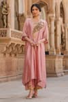 Label Niti Bothra_Pink Pure Silk Embroidered Applique Paisley V Cutwork Kaftan And Pant Set _Online_at_Aza_Fashions