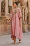 Label Niti Bothra_Pink Pure Silk Embroidered Applique Paisley V Cutwork Kaftan And Pant Set _at_Aza_Fashions