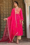 Label Niti Bothra_Pink Pure Silk Embroidered Zari V Neck Work Anarkali And Pant Set _Online_at_Aza_Fashions