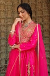 Shop_Label Niti Bothra_Pink Pure Silk Embroidered Zari V Neck Work Anarkali And Pant Set _Online_at_Aza_Fashions