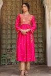 Label Niti Bothra_Pink Pure Silk Embroidered Zari V Neck Work Anarkali And Pant Set _at_Aza_Fashions