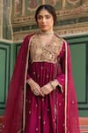 Buy_Label Niti Bothra_Wine Pure Silk Embroidered Zari V Neck Angarkha Anarkali And Pant Set 