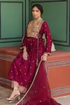 Shop_Label Niti Bothra_Wine Pure Silk Embroidered Zari V Neck Angarkha Anarkali And Pant Set 