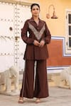 Buy_Label Niti Bothra_Brown Pure Silk Embroidered Zardozi Collared Placement Shirt And Pant Set _at_Aza_Fashions