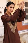 Shop_Label Niti Bothra_Brown Pure Silk Embroidered Zardozi Collared Placement Shirt And Pant Set _Online_at_Aza_Fashions