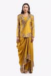 Buy_Onaya_Yellow Silk Embroidered Bead Jacket Lapel Floral Vine Pattern Draped Skirt Set _at_Aza_Fashions