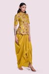 Buy_Onaya_Yellow Silk Embroidered Cutdana Floral Pattern Peplum Kurta With Draped Skirt _at_Aza_Fashions