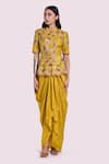 Buy_Onaya_Yellow Silk Embroidered Cutdana Floral Pattern Peplum Kurta With Draped Skirt _Online_at_Aza_Fashions