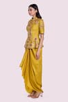 Shop_Onaya_Yellow Silk Embroidered Cutdana Floral Pattern Peplum Kurta With Draped Skirt _Online_at_Aza_Fashions