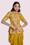 Onaya_Yellow Silk Embroidered Cutdana Floral Pattern Peplum Kurta With Draped Skirt _at_Aza_Fashions