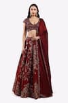 Buy_Onaya_Maroon Crepe Embroidered Cheed Plunge V-neck Metallic Zari Lehenga Set _at_Aza_Fashions