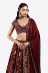 Buy_Onaya_Maroon Crepe Embroidered Cheed Plunge V-neck Metallic Zari Lehenga Set _Online_at_Aza_Fashions