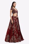 Onaya_Maroon Crepe Embroidered Cheed Plunge V-neck Metallic Zari Lehenga Set _at_Aza_Fashions