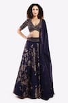 Buy_Onaya_Blue Crepe Embroidered Cheed Plunge V-neck Zari Floral Lehenga Set _at_Aza_Fashions