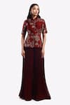 Buy_Onaya_Maroon Silk Embroidered Cheed Metallic Zari Peplum Top With Flared Pant _at_Aza_Fashions