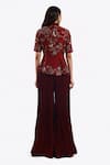 Shop_Onaya_Maroon Silk Embroidered Cheed Metallic Zari Peplum Top With Flared Pant _at_Aza_Fashions