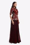 Shop_Onaya_Maroon Silk Embroidered Cheed Metallic Zari Peplum Top With Flared Pant _Online_at_Aza_Fashions