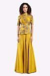 Buy_Onaya_Yellow Silk Embroidered Cheed Mandarin Thread Zari Peplum Top With Flared Pant _at_Aza_Fashions