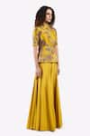 Shop_Onaya_Yellow Silk Embroidered Cheed Mandarin Thread Zari Peplum Top With Flared Pant _Online_at_Aza_Fashions