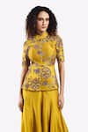 Onaya_Yellow Silk Embroidered Cheed Mandarin Thread Zari Peplum Top With Flared Pant _at_Aza_Fashions