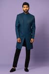 Buy_YOSEBA_Blue Suiting Fabric Embroidery Cutdana Achkan With Pant _at_Aza_Fashions