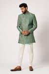 Buy_YOSEBA_Green Achkan Bam Silk Embroidery Floral Bloom Short With Pant _at_Aza_Fashions