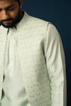 YOSEBA_Green Nehru Jacket Linen Satin Embroidery Jaal Long And Pyjama Set _Online_at_Aza_Fashions