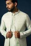 Buy_YOSEBA_Green Nehru Jacket Linen Satin Embroidery Jaal Long And Pyjama Set _Online_at_Aza_Fashions