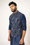 YOSEBA_Blue Bam Silk Embroidery Chain Stitch Diagonal Pattern Nehru Jacket _at_Aza_Fashions