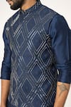 Shop_YOSEBA_Blue Nehru Jacket And Kurta Bam Silk Embroidery Diagonal Pattern & Pyjama Set _Online_at_Aza_Fashions