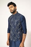 YOSEBA_Blue Nehru Jacket And Kurta Bam Silk Embroidery Diagonal Pattern & Pyjama Set _at_Aza_Fashions