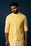 YOSEBA_Yellow Nehru Jacket And Kurta Bam Silk Embroidery Cutdana & Pyjama Set _at_Aza_Fashions