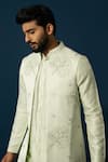 YOSEBA_Green Nehru Jacket Linen Satin Embroidery Beads Tender Leaf And Pyjama Set _at_Aza_Fashions