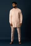 Buy_YOSEBA_Peach Linen Satin Embroidery Floral Titian Nehru Jacket And Pyjama Set _at_Aza_Fashions