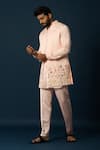 YOSEBA_Peach Linen Satin Embroidery Floral Titian Nehru Jacket And Pyjama Set _Online_at_Aza_Fashions