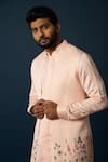 Shop_YOSEBA_Peach Linen Satin Embroidery Floral Titian Nehru Jacket And Pyjama Set _Online_at_Aza_Fashions