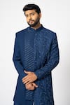 YOSEBA_Blue Suiting Fabric Embroidery Ultramarine Cutdana Asymmetric Achkan With Pant _at_Aza_Fashions