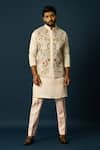 Buy_YOSEBA_Beige Linen Satin Embroidered Cutdana Nehru Jacket _at_Aza_Fashions