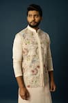 YOSEBA_Beige Linen Satin Embroidered Cutdana Nehru Jacket _Online_at_Aza_Fashions