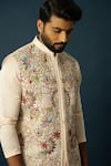 Buy_YOSEBA_Beige Linen Satin Embroidered Cutdana Nehru Jacket _Online_at_Aza_Fashions