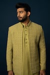 Buy_YOSEBA_Green Kurta And Jacket Bam Silk Embroidered Thread Verdent & Set _Online_at_Aza_Fashions