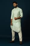 YOSEBA_Green Kurta And Jacket Bam Silk Embroidered Thread Seaform Work Nehru & Set _Online_at_Aza_Fashions