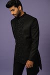 Buy_YOSEBA_Black Premium Suiting Fabric Embroidered Cutdana Textured Achkan With Trousers _Online_at_Aza_Fashions