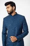 YOSEBA_Blue Achkan Premium Suiting Embroidered Cutdana Azure With Trouser _at_Aza_Fashions