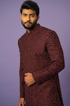 Shop_YOSEBA_Wine Achkan Premium Suiting Embroidered Thread With Trouser _Online_at_Aza_Fashions