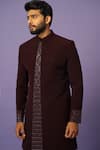 Shop_YOSEBA_Wine Achkan Stretchable Premium Suiting Embroidered Panelled With Trouser _Online_at_Aza_Fashions